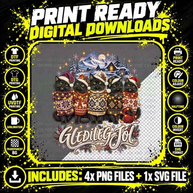 Black Cat Christmas Ugly Sweater Gledileg Jol Midnight Png SVG Digital Bundle