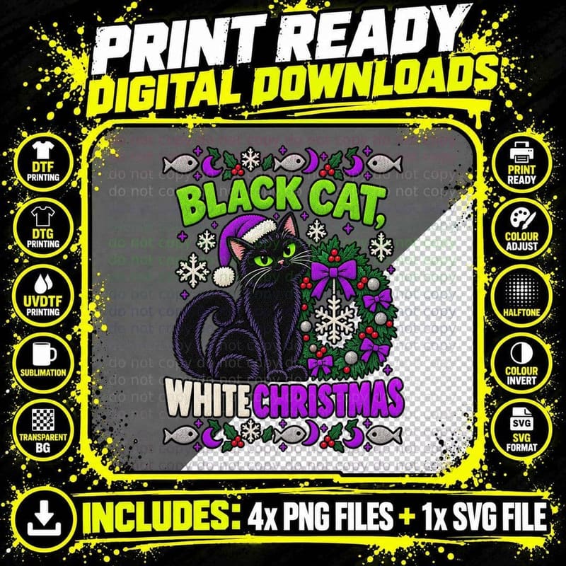 Black Cat Christmas Ugly Sweater Gothic Cat Lover Winter Png SVG Digital Bundle
