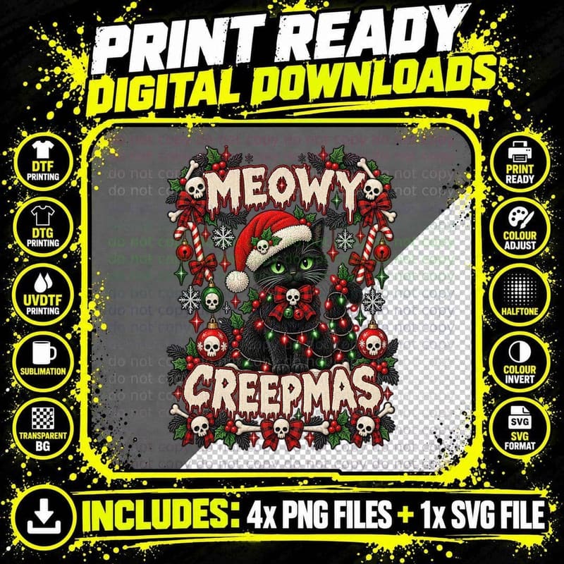Black Cat Christmas Ugly Sweater Gothic Santa Creepy Png SVG Digital Bundle
