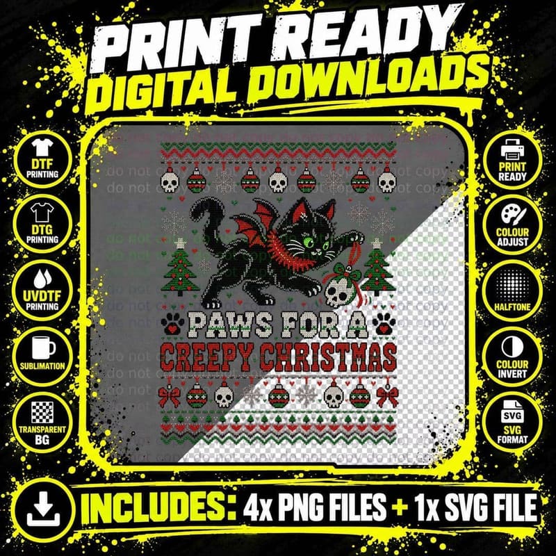 Black Kitten Gothic Christmas Ugly Sweater Funny Cat Png SVG Digital Bundle