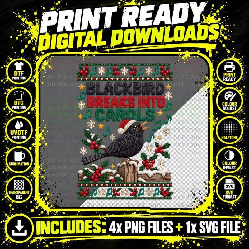 Blackbird Christmas Ugly Sweater Bird Singing Carols Png SVG Digital Bundle