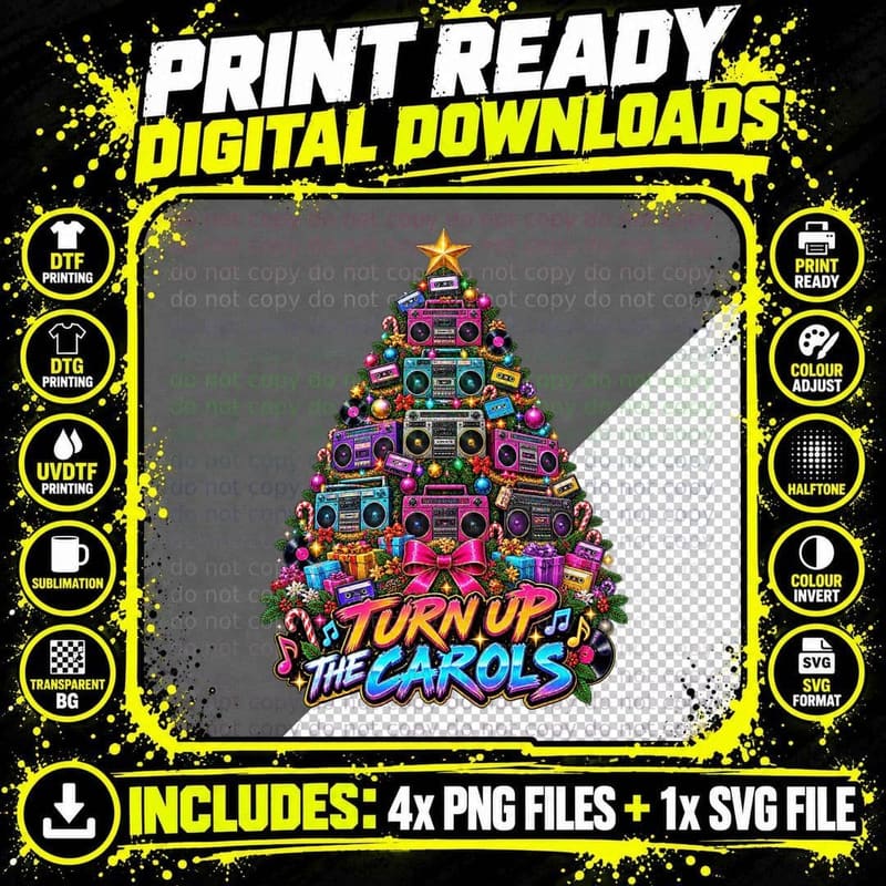Boombox Christmas Tree Retro 80s Music Cassette Tape Png SVG Digital Bundle