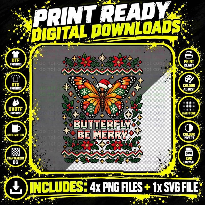 Butterfly Christmas Ugly Sweater Retro Pixel Festive Png SVG Digital Bundle