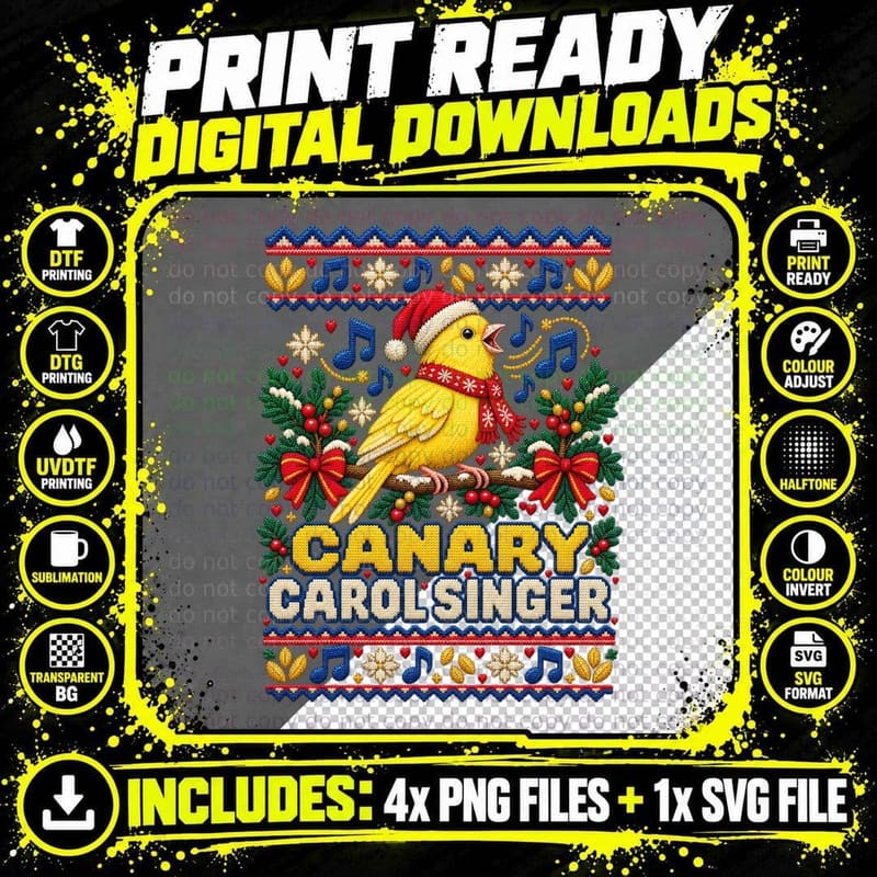 Canary Ugly Sweater Christmas Singing Bird Carol Music Png SVG Digital Bundle