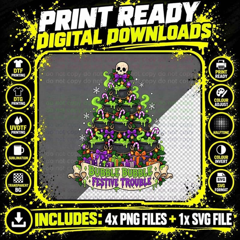 Cauldron Christmas Tree Witchy Holiday Cute Cartoon Png SVG Digital Bundle