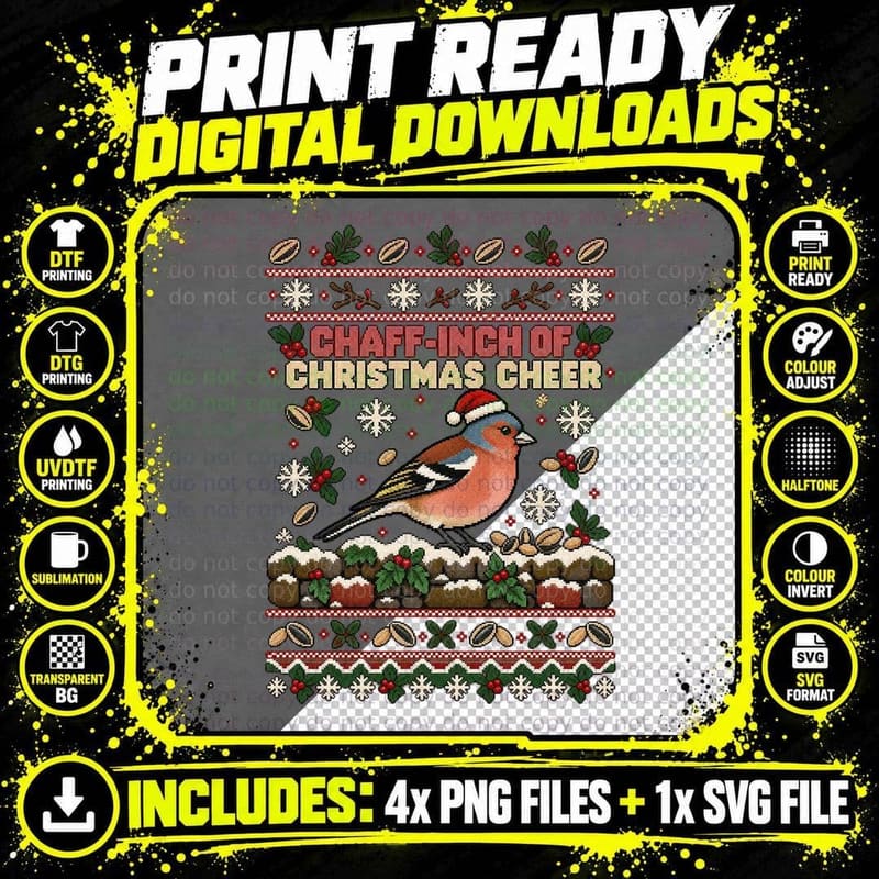 Chaffinch Christmas Ugly Sweater Retro Pixel Knit Garden Png SVG Digital Bundle