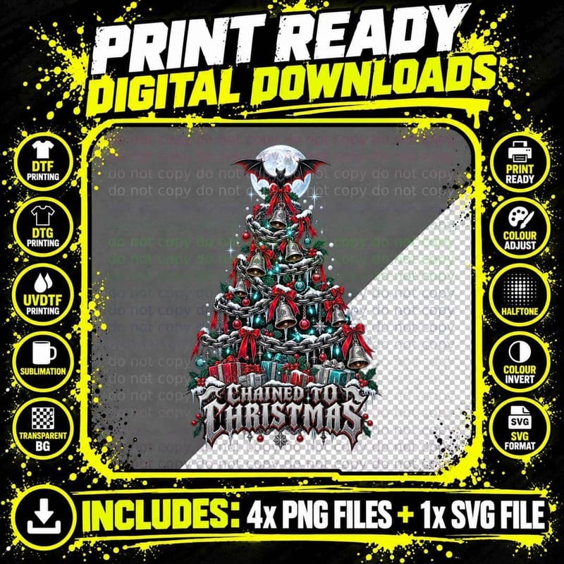 Chained To Christmas Gothic Tree Iron Chains Bat Moon Png SVG Digital Bundle