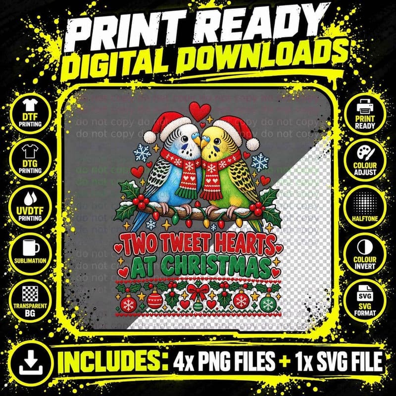 Christmas Budgie Ugly Sweater Two Tweet Hearts Parakeet Png SVG Digital Bundle