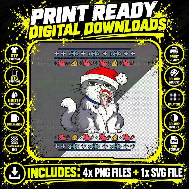 Christmas Cat Mouse Ugly Sweater Funny Santa Kitty Lover Png SVG Digital Bundle