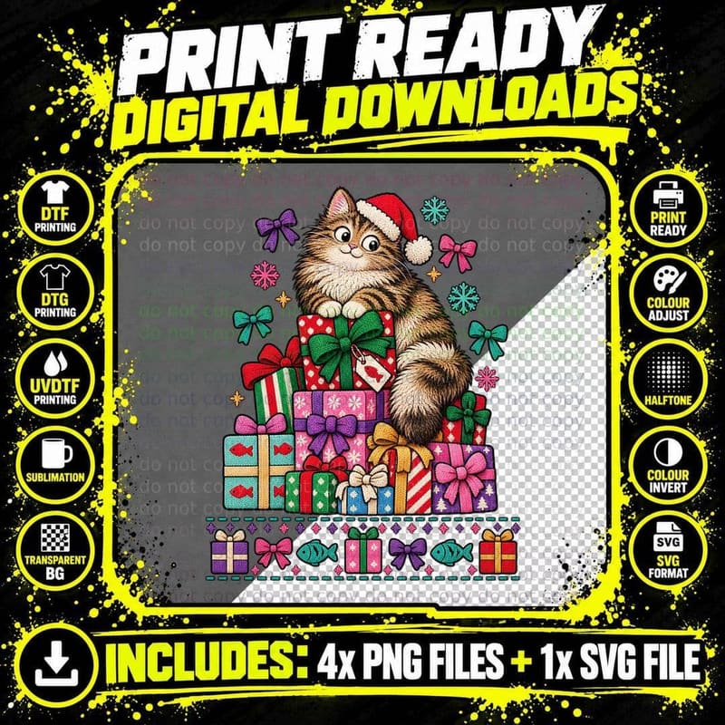 Christmas Cat Ugly Sweater Presents Gift Box Cute Kitty Png SVG Digital Bundle