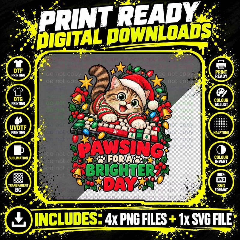 Christmas Cat Ugly Sweater Typing On Keyboard Pawsing Png SVG Digital Bundle