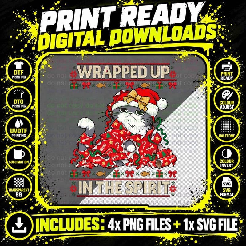 Christmas Cat Ugly Sweater Wrapped Up Funny Gift Wrap Png SVG Digital Bundle