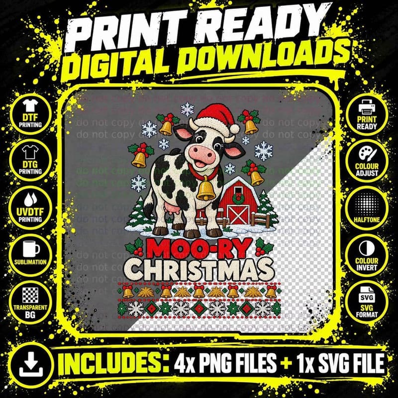 Christmas Cow Ugly Sweater Moo-ry Christmas Farm Animal Png SVG Digital Bundle