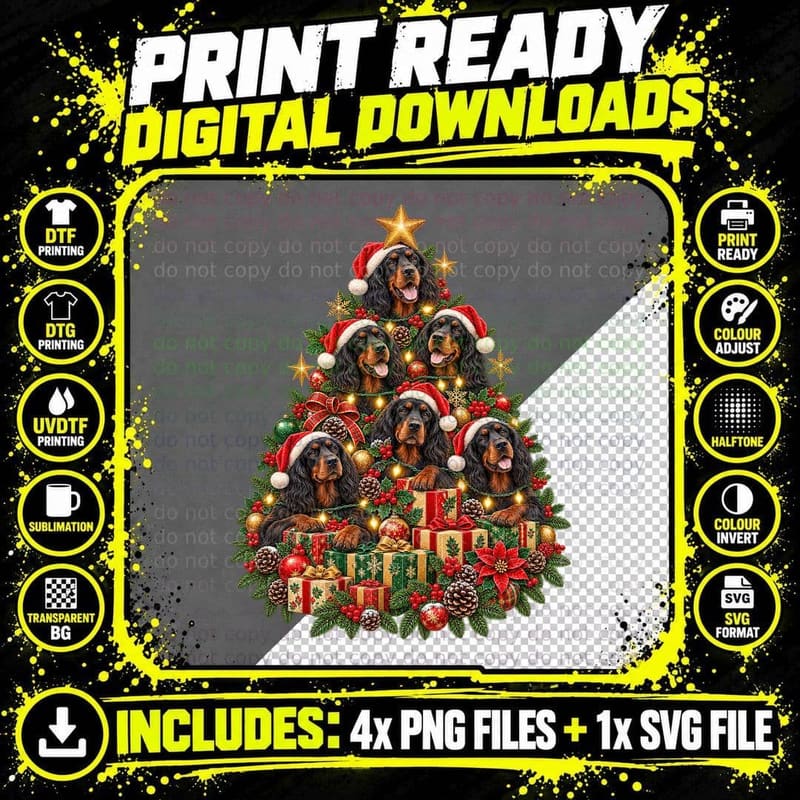 Christmas Gordon Setter Watercolor Black Tan Hunting Dog Png SVG Digital Bundle