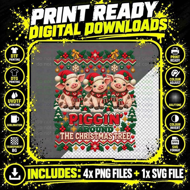 Christmas Pig Ugly Sweater Piggin Around Christmas Tree Png SVG Digital Bundle
