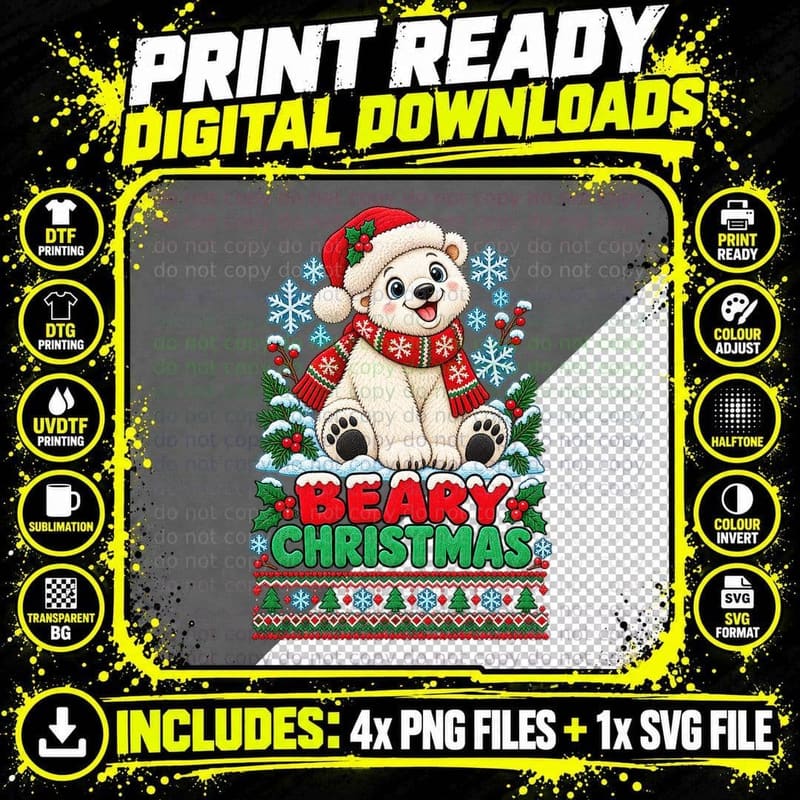 Christmas Polar Bear Ugly Sweater Cute Arctic Wildlife Png SVG Digital Bundle