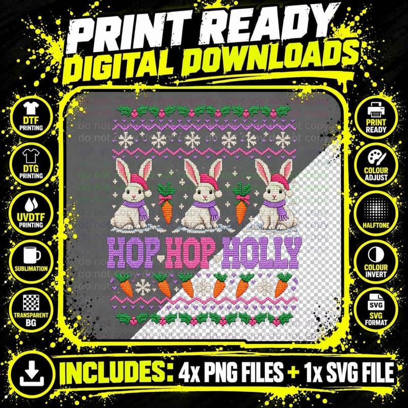 Christmas Rabbit Ugly Sweater Cute Bunny Carrots Hop Hop Png SVG Digital Bundle