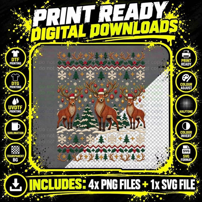 Christmas Red Deer Stag Ugly Sweater Highland Wildlife Png SVG Digital Bundle