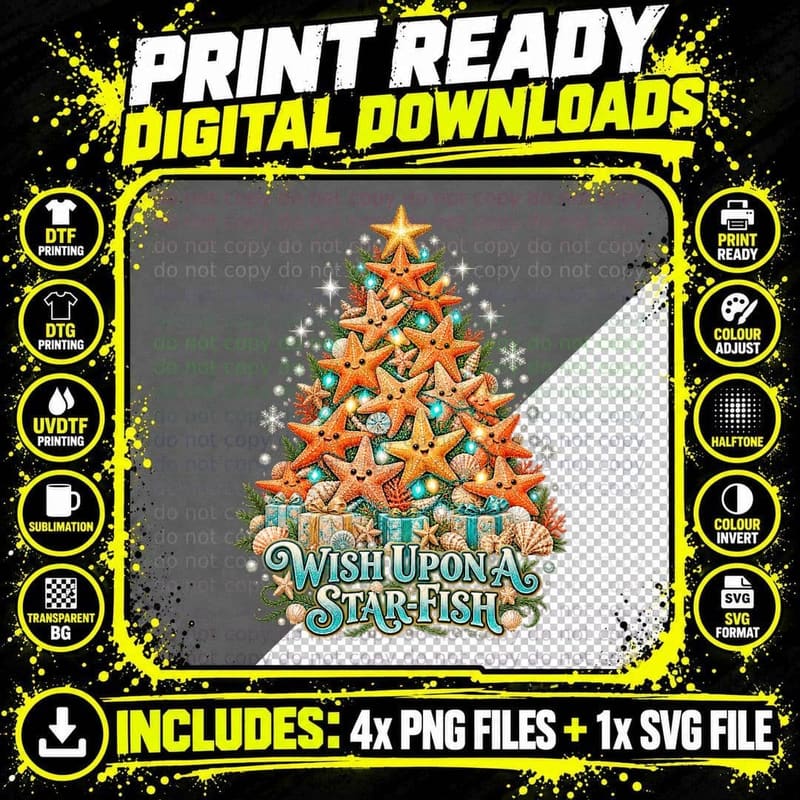 Christmas Starfish Watercolor Beach Holiday Ocean Lover Png SVG Digital Bundle