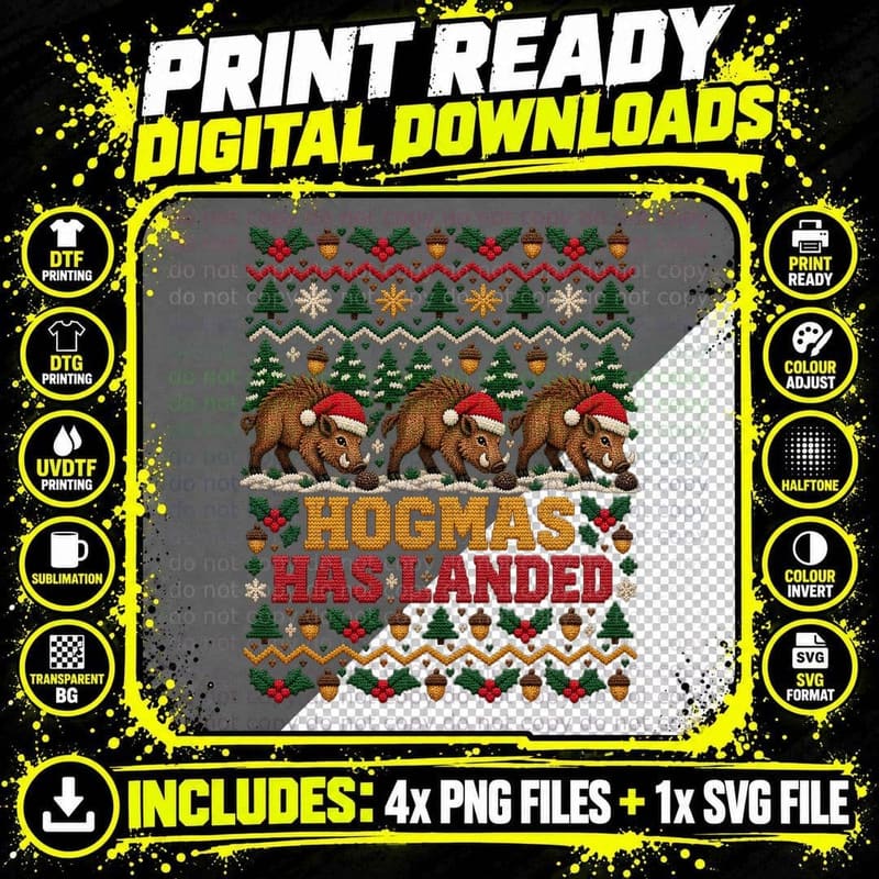 Christmas Wild Boar Ugly Sweater Hogmas Funny Woodland Png SVG Digital Bundle