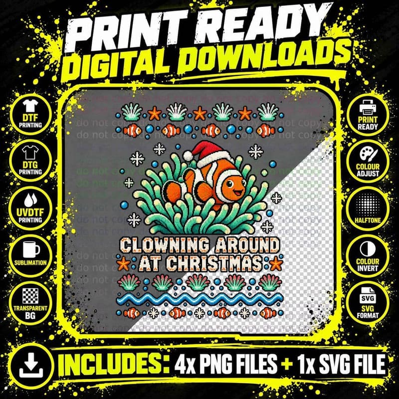 Clownfish Christmas Ugly Sweater Retro Pixel Tropical Png SVG Digital Bundle