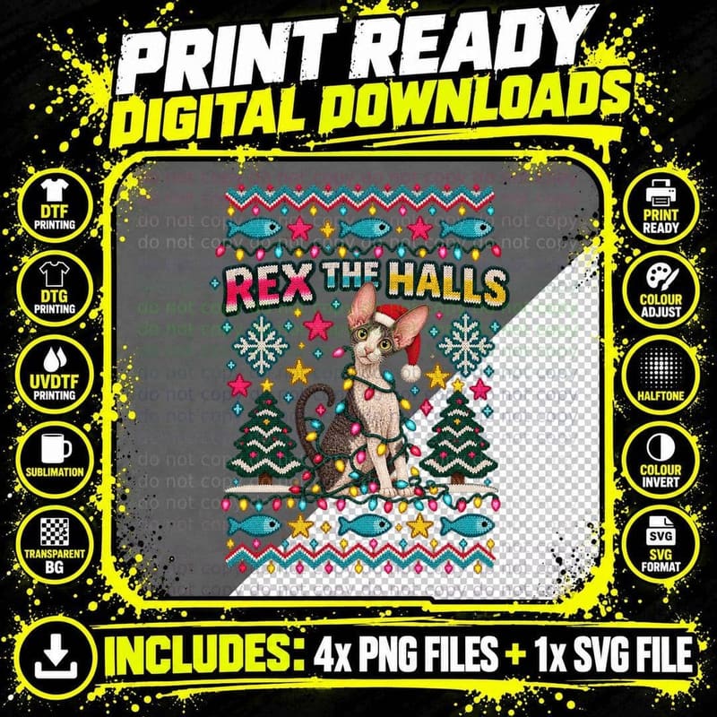 Cornish Rex Cat Christmas Ugly Sweater Fairy Lights Png SVG Digital Bundle