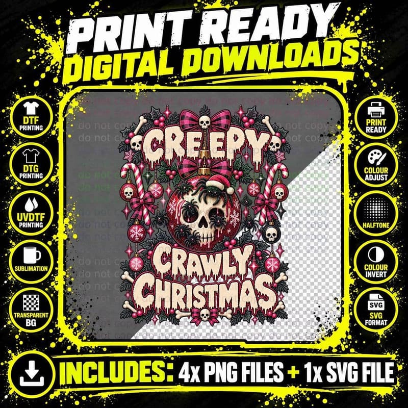 Creepy Crawly Christmas Skull Bauble Gothic Candy Cane Png SVG Digital Bundle