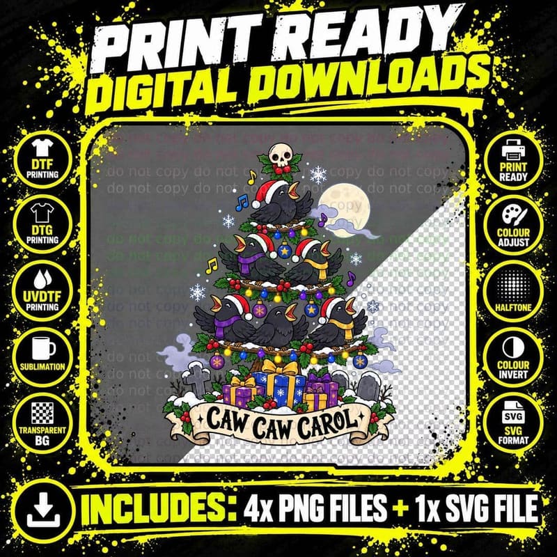 Crow Choir Christmas Tree Gothic Bird Lover Cute Cartoon Png SVG Digital Bundle