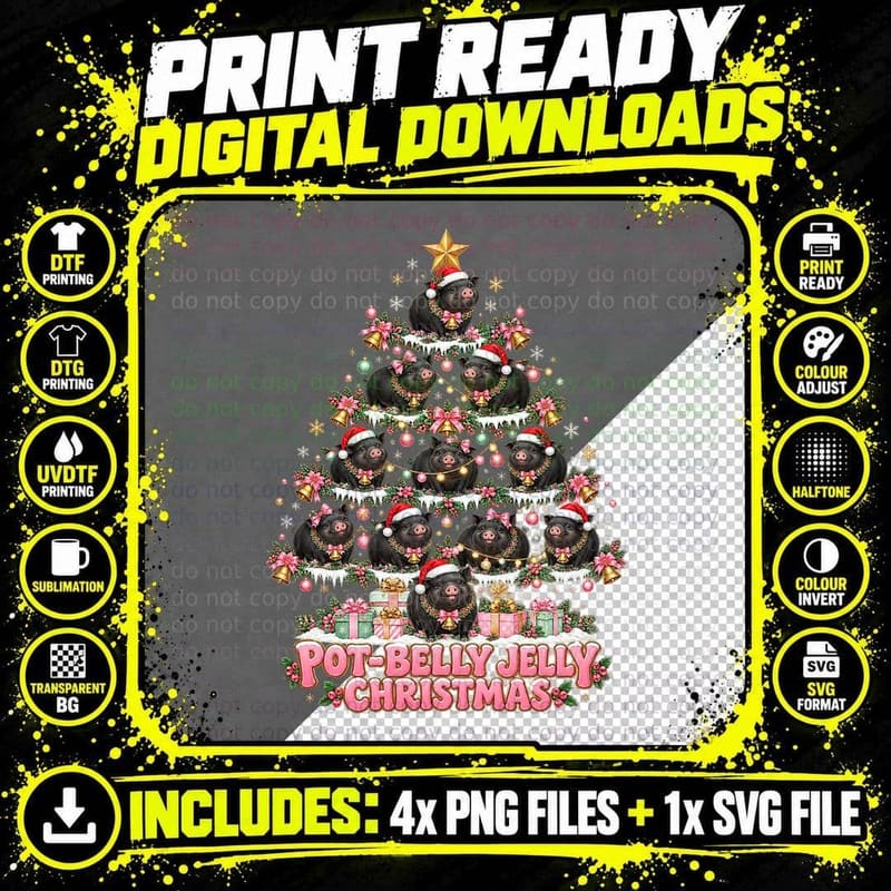 Cute Pot Bellied Pig Christmas Funny Farm Animal Holiday Png SVG Digital Bundle