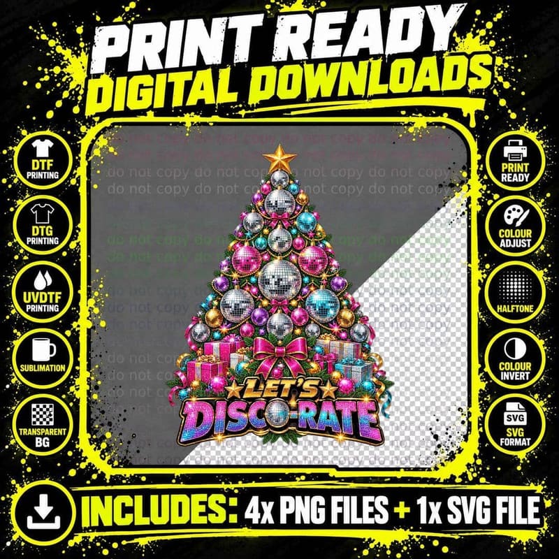 Disco Ball Christmas Tree Retro Disco Dance Party Xmas Png SVG Digital Bundle