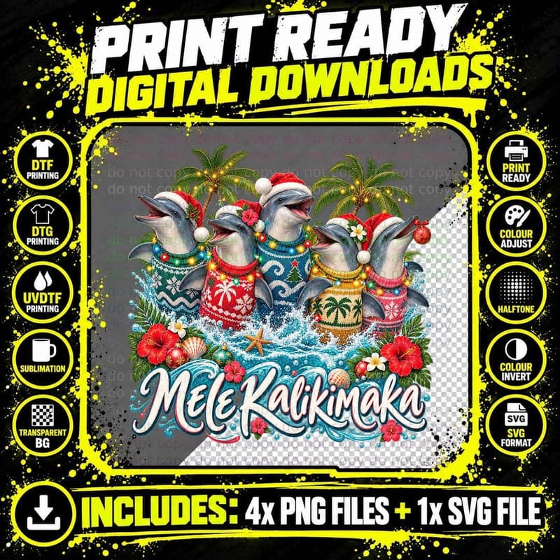 Dolphin Christmas Mele Kalikimaka Tropical Ocean Splash Png SVG Digital Bundle