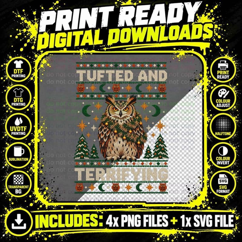 Eagle Owl Ugly Sweater Gothic Christmas Bird Tinsel Png SVG Digital Bundle