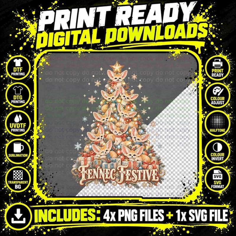 Fennec Fox Christmas Watercolor Animal Tree Festive Fox Png SVG Digital Bundle