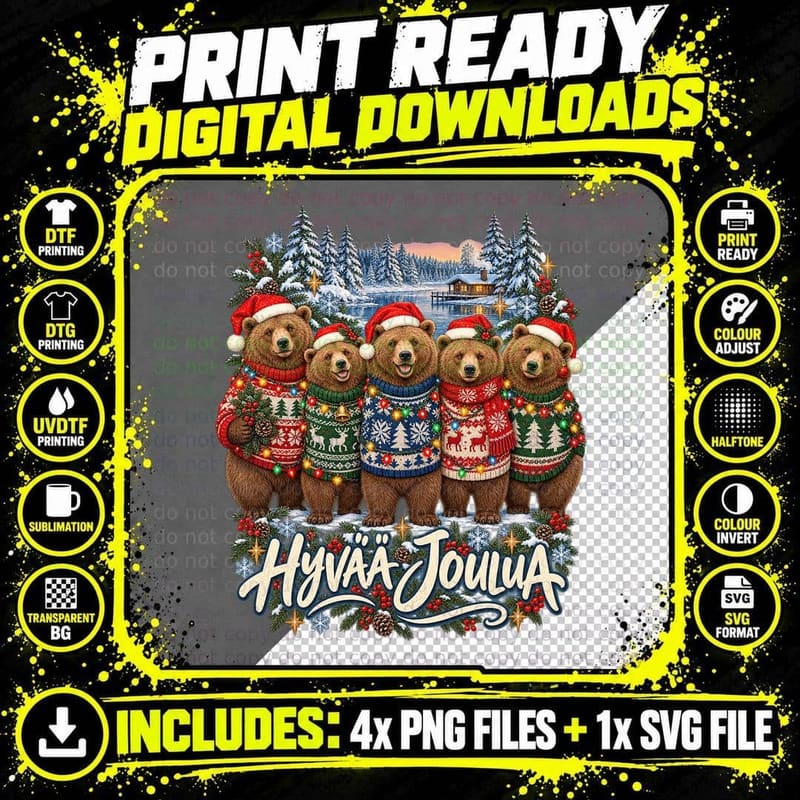 Finnish Brown Bear Christmas Ugly Sweater Nordic Png SVG Digital Bundle