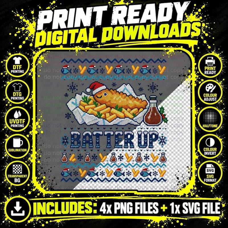 Fish and Chips Christmas Ugly Sweater British Chippy Png SVG Digital Bundle