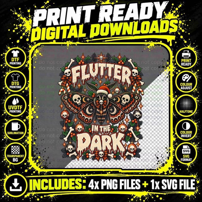 Flutter In The Dark Gothic Christmas Moth Skull Spooky Png SVG Digital Bundle