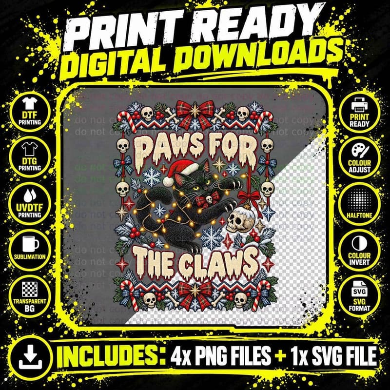 Funny Christmas Black Cat Ugly Sweater Santa Claws Png SVG Digital Bundle