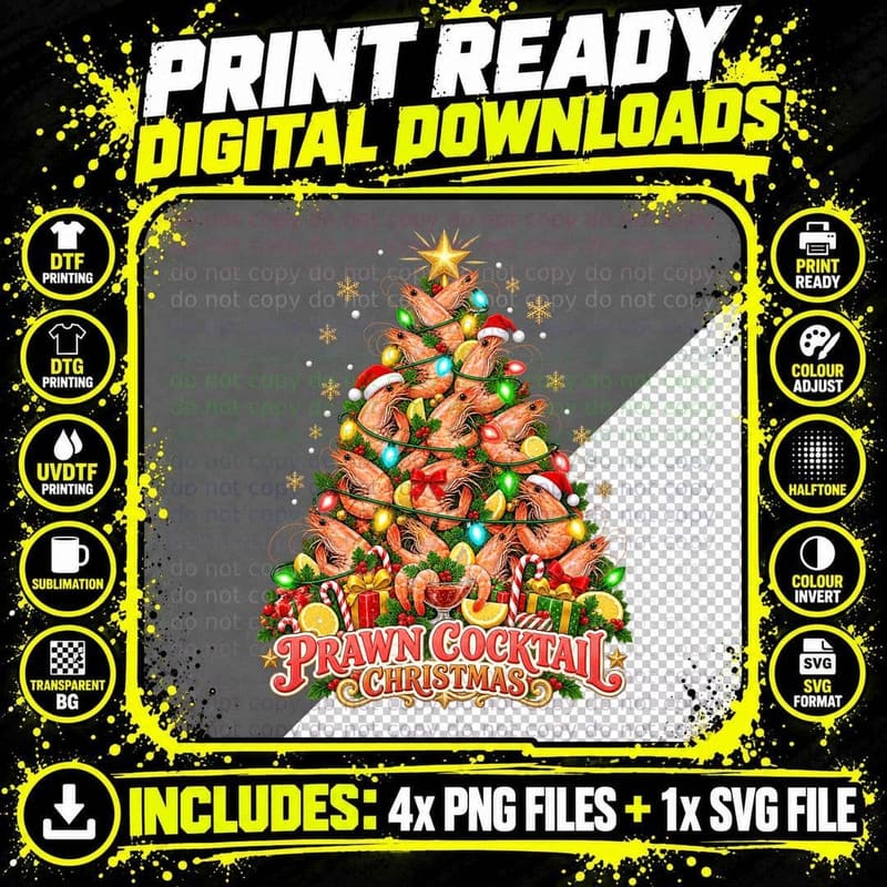 Funny Prawn Christmas Tree Retro Holiday Seafood Lover Png SVG Digital Bundle
