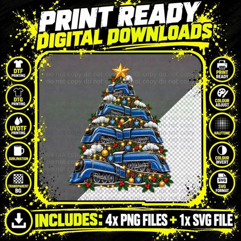 Garter Blue Steam Train Christmas Tree Streamlined Png SVG Digital Bundle