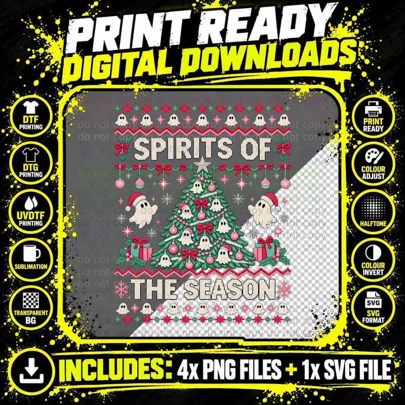 Ghost Christmas Ugly Sweater Spirits of the Season Tree Png SVG Digital Bundle
