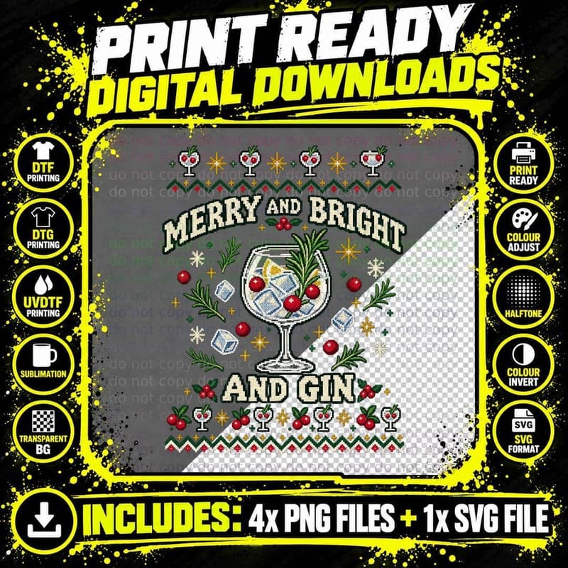 Gin and Tonic Christmas Ugly Sweater Funny British Gin Png SVG Digital Bundle