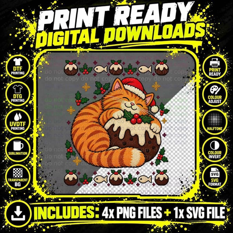 Ginger Cat Christmas Pudding Ugly Sweater Orange Tabby Png SVG Digital Bundle