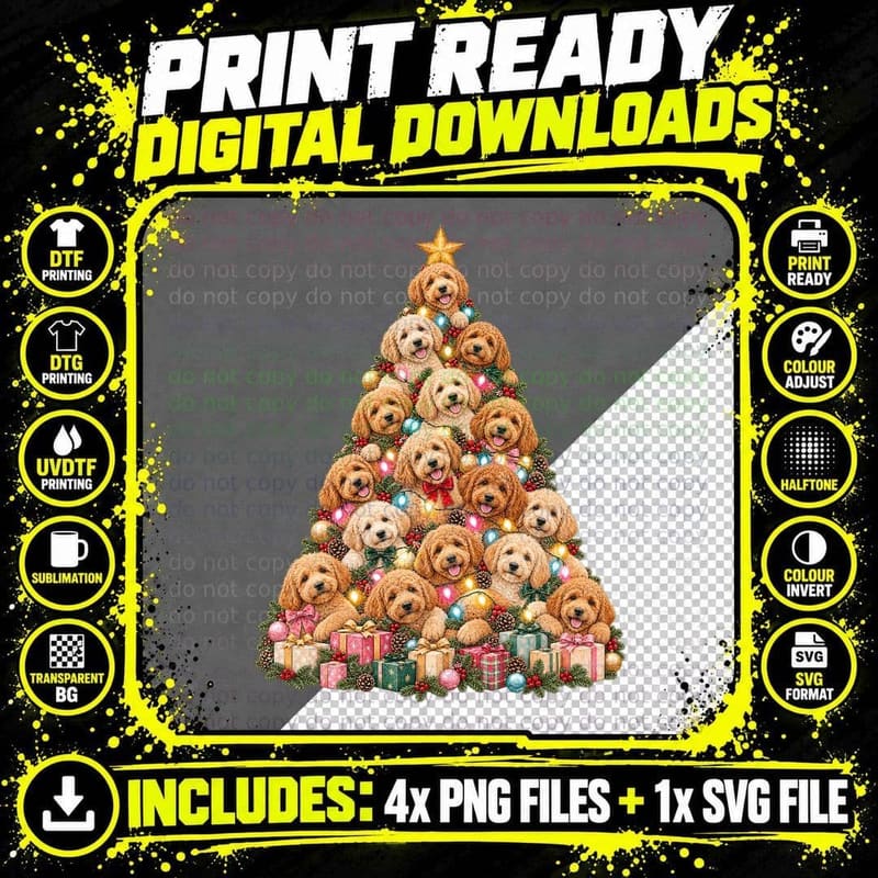Goldendoodle Christmas Watercolor Dog Tree Doodle Lover Png SVG Digital Bundle