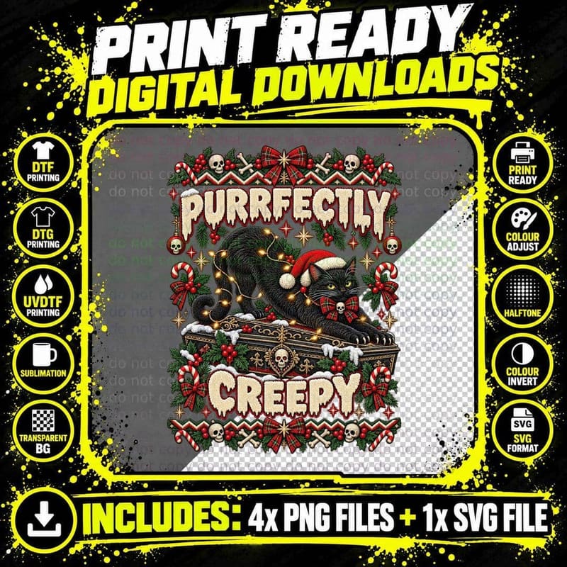 Gothic Christmas Black Cat Ugly Sweater Spooky Holiday Png SVG Digital Bundle