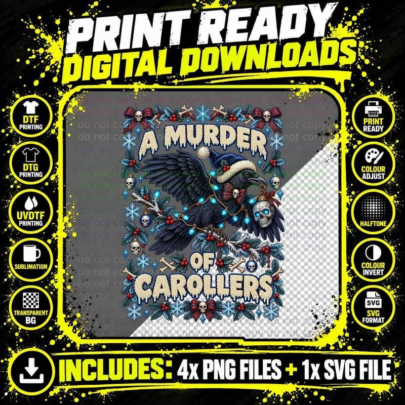 Gothic Christmas Crow Ugly Sweater Dark Holiday Skull Png SVG Digital Bundle