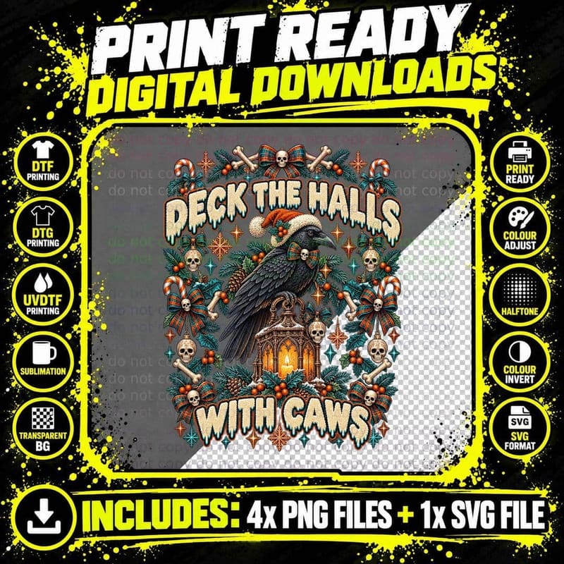 Gothic Christmas Crow Ugly Sweater Haunted Lantern Png SVG Digital Bundle