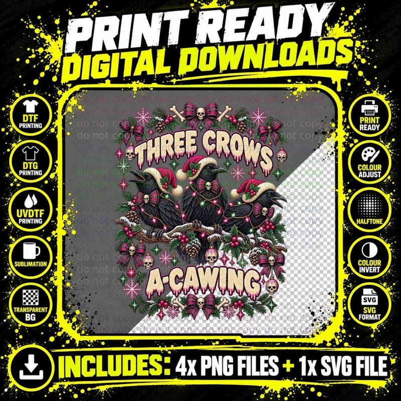 Gothic Christmas Crow Ugly Sweater Three Crows Witchy Png SVG Digital Bundle