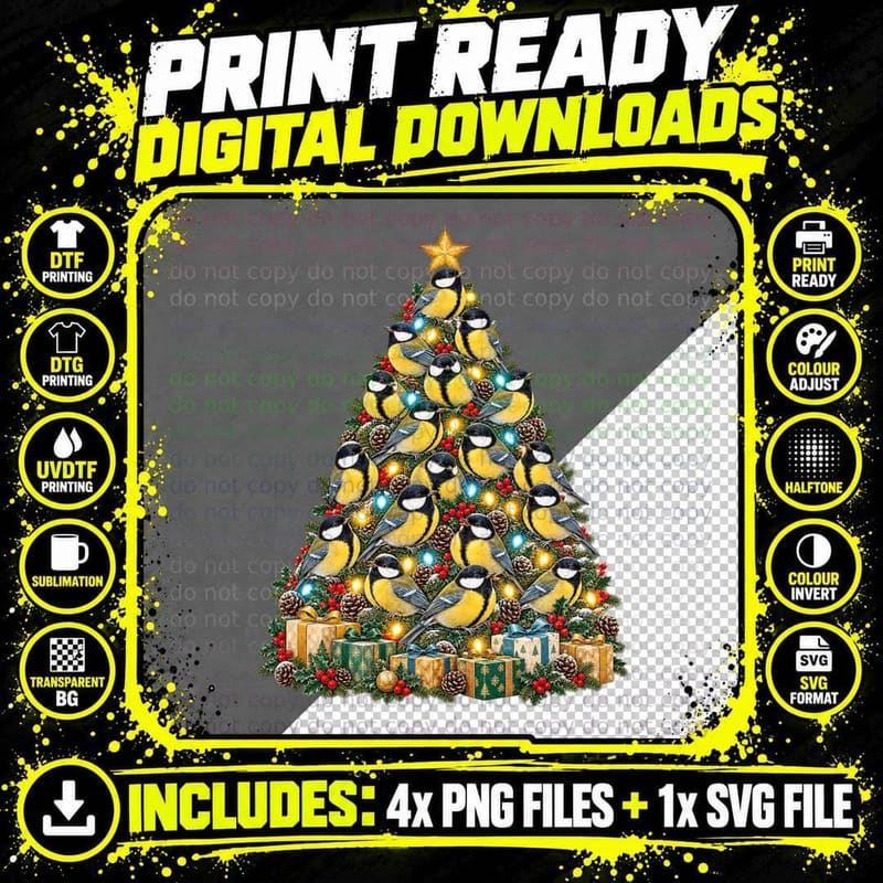 Great Tit Bird Christmas Watercolor Tree Birdwatching Png SVG Digital Bundle