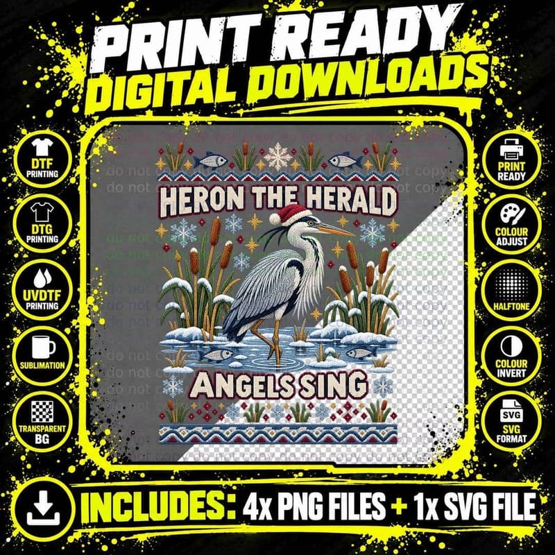 Grey Heron Christmas Ugly Sweater Wetland Birdwatching Png SVG Digital Bundle