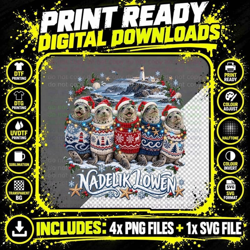 Grey Seal Christmas Ugly Sweater Nadelik Lowen Cornish Png SVG Digital Bundle